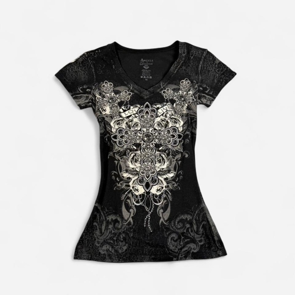 Vintage y2k Angels & Diamonds grunge blingy cross goth emo short sleeve tee